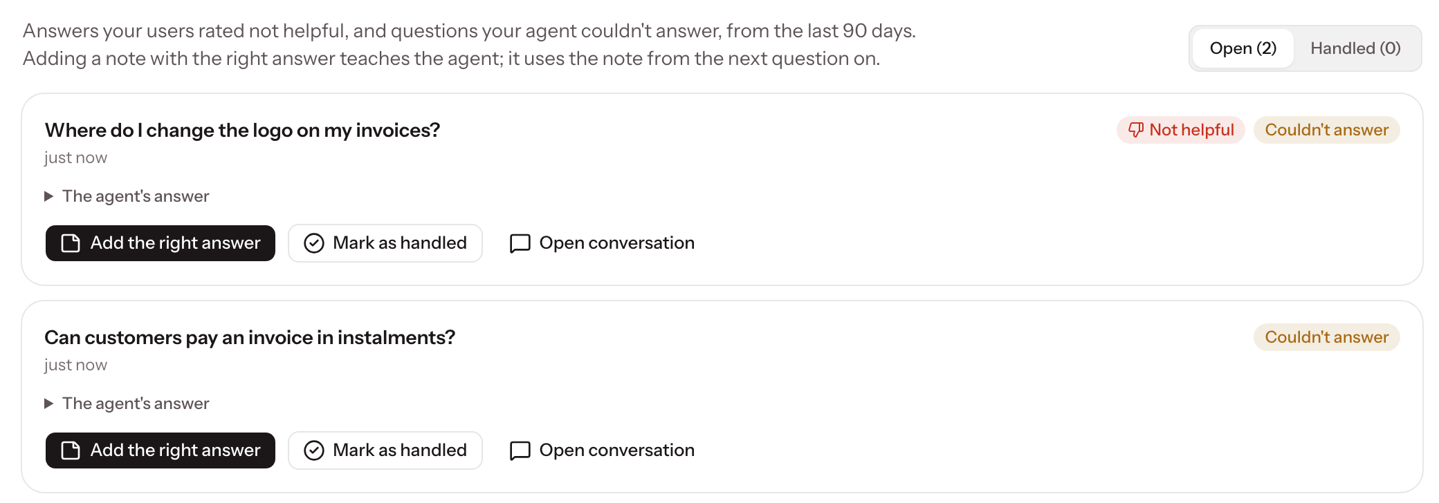 Needs attention listing two questions the agent couldn’t answer, one also rated not helpful, each with Add the right answer