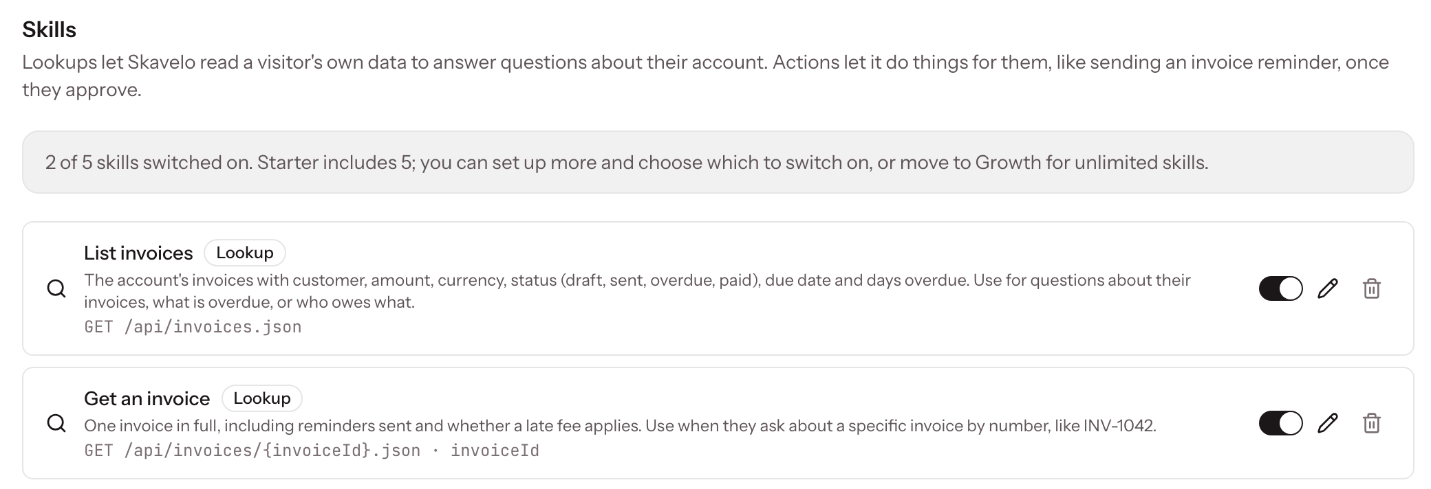 The Skills page on Starter, showing 2 of 5 skills switched on and two lookups