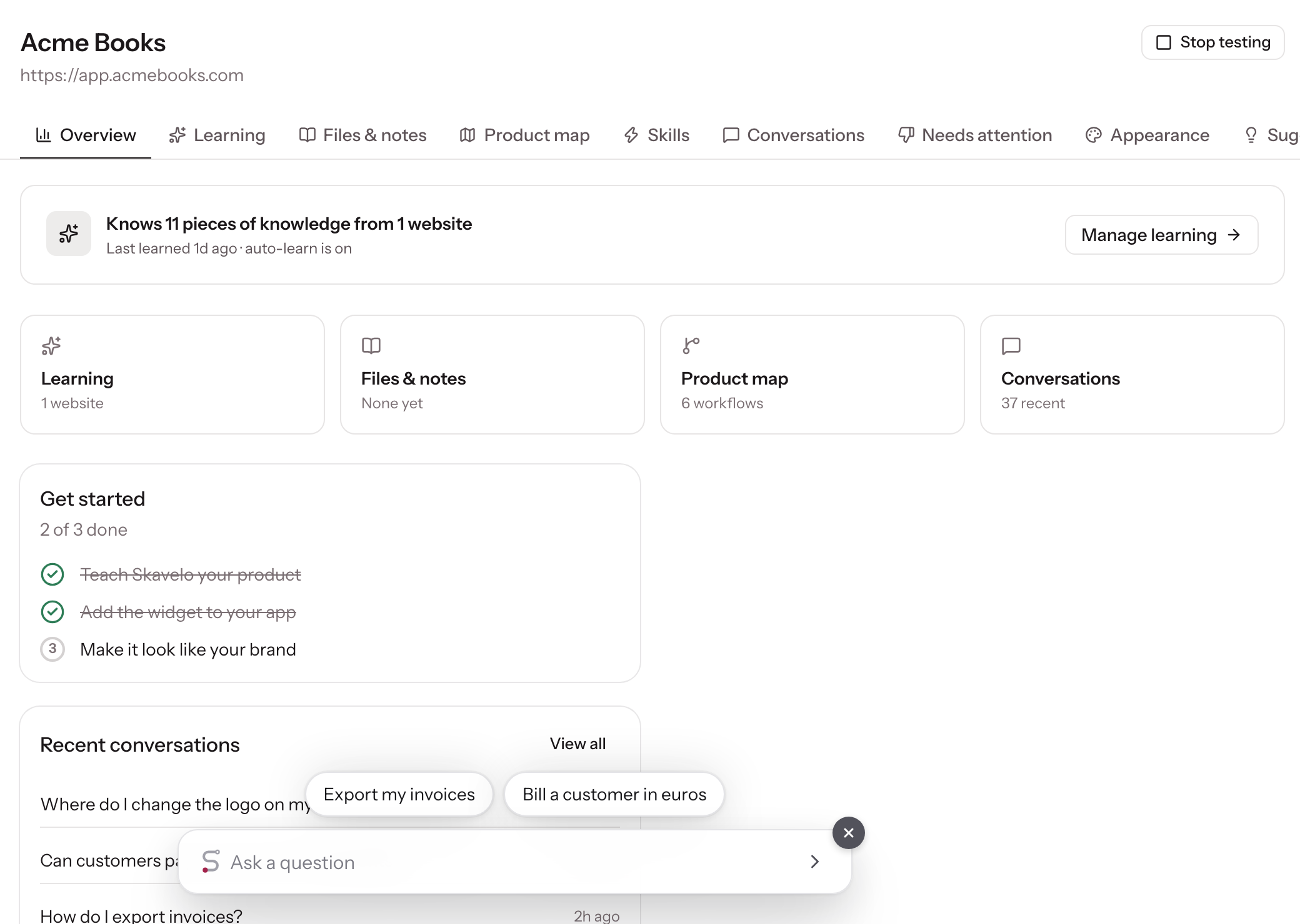 An agent page with the widget open after Try it, showing its suggestions and the Stop testing button