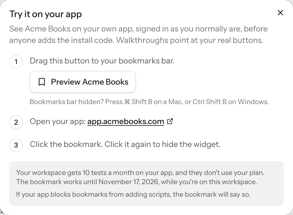 The Try it on your app dialog, with the bookmark to drag to the bookmarks bar and three steps